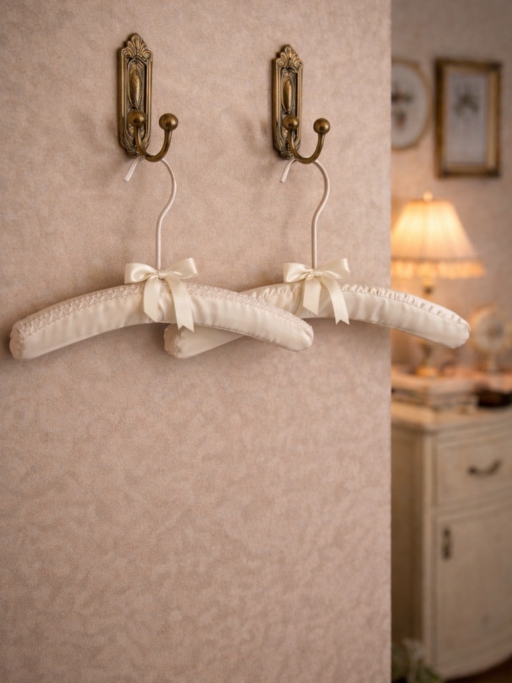 Vintage 1960's Hand-sewn Cream Satin Padded Clothes Hangers